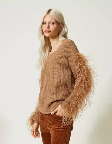 KNIT T-SHIRT WITH FEATHERS TWINSET BLOUSES