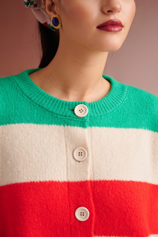 HUDSON OVERSIZED STRIPED KNIT CARDIGAN (IVORY MULTIED) KARAVAN BLOUSES 10