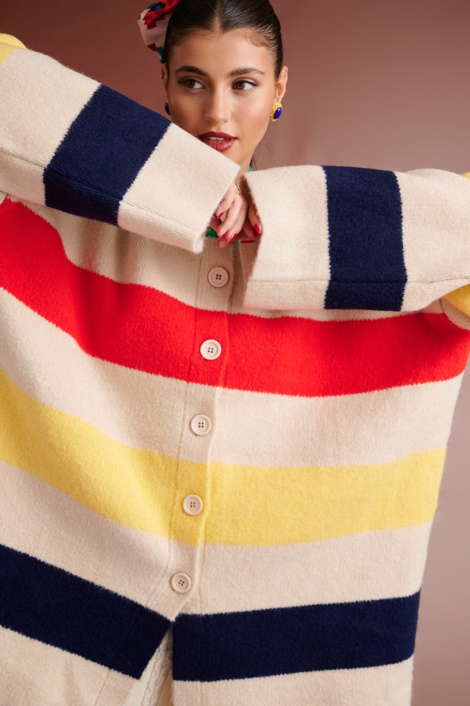 HUDSON OVERSIZED STRIPED KNIT CARDIGAN (IVORY MULTIED) KARAVAN BLOUSES 12