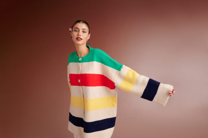 HUDSON OVERSIZED STRIPED KNIT CARDIGAN (IVORY MULTIED) KARAVAN BLOUSES 13