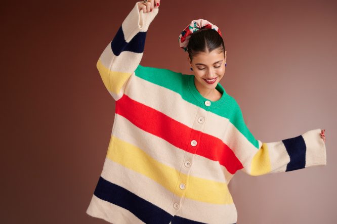 HUDSON OVERSIZED STRIPED KNIT CARDIGAN (IVORY MULTIED) KARAVAN BLOUSES 14