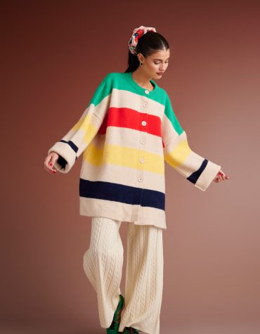 HUDSON OVERSIZED STRIPED KNIT CARDIGAN (IVORY MULTIED) KARAVAN BLOUSES