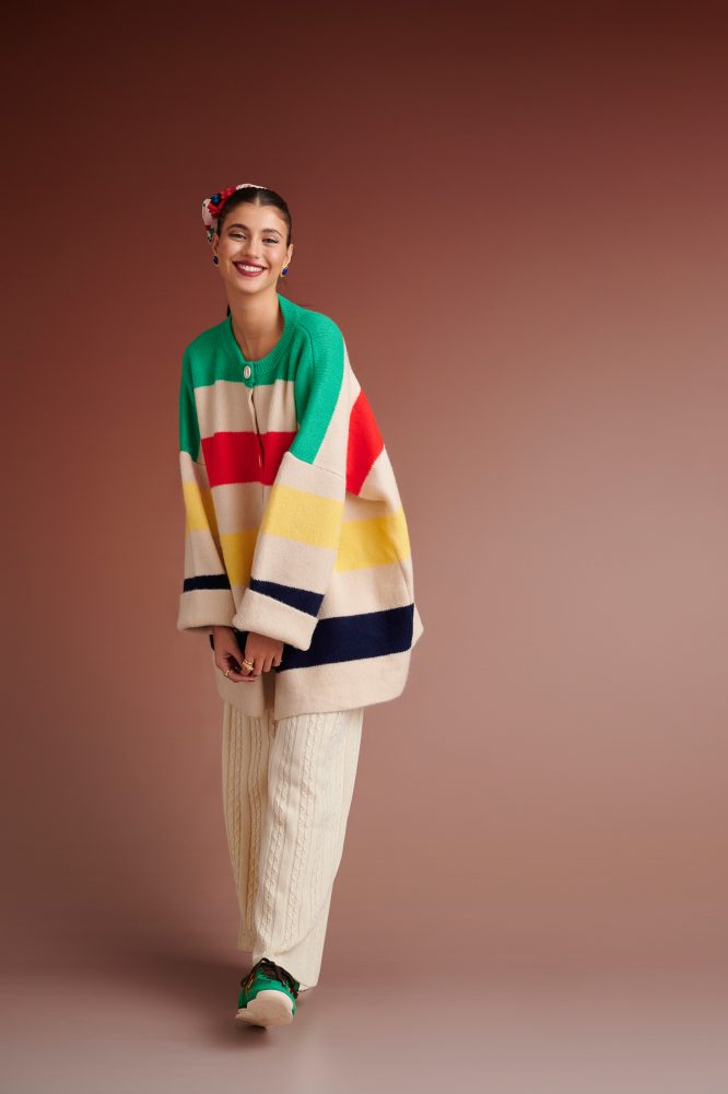 HUDSON OVERSIZED STRIPED KNIT CARDIGAN (IVORY MULTIED) KARAVAN BLOUSES 15