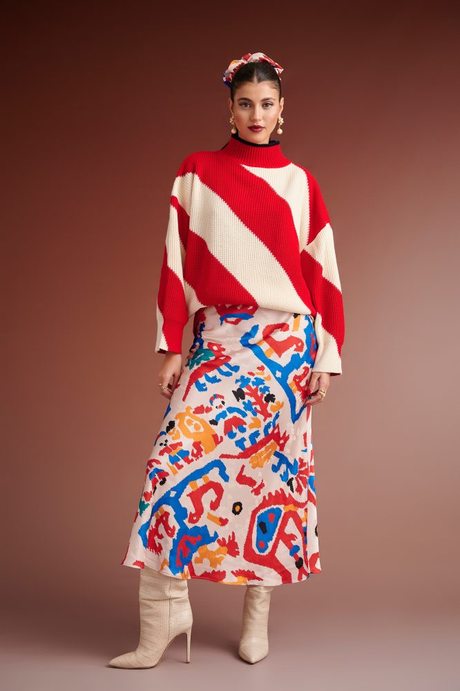 CELIA OVERSIZED SWEATER WITH DIAGONAL STRIPES (RED IVORY) KARAVAN BLOUSES 6
