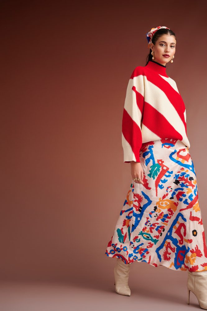 CELIA OVERSIZED SWEATER WITH DIAGONAL STRIPES (RED IVORY) KARAVAN BLOUSES 4