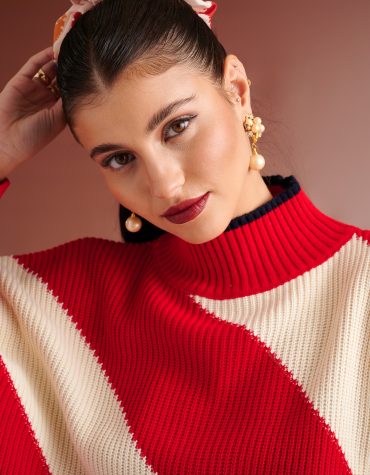 CELIA OVERSIZED SWEATER WITH DIAGONAL STRIPES (RED IVORY) KARAVAN BLOUSES