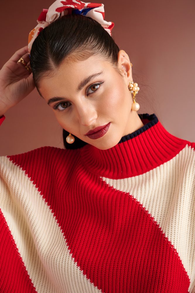 CELIA OVERSIZED SWEATER WITH DIAGONAL STRIPES (RED IVORY) KARAVAN BLOUSES 3