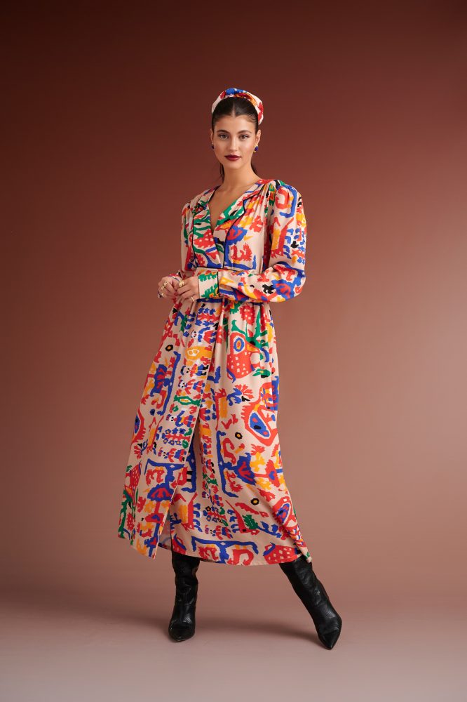 PRISCILLA MIXI DRESS WITH LAPEL (IVORY MULTI) KARAVAN CLOTHES 9