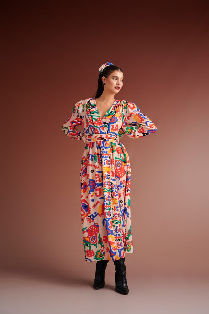 PRISCILLA MIXI DRESS WITH LAPEL (IVORY MULTI) KARAVAN CLOTHES 7