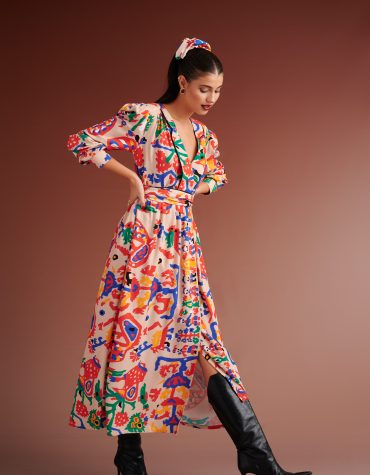 PRISCILLA MIXI DRESS WITH LAPEL (IVORY MULTI) KARAVAN CLOTHES 2