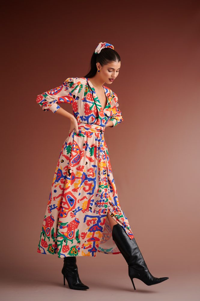 PRISCILLA MIXI DRESS WITH LAPEL (IVORY MULTI) KARAVAN CLOTHES 4