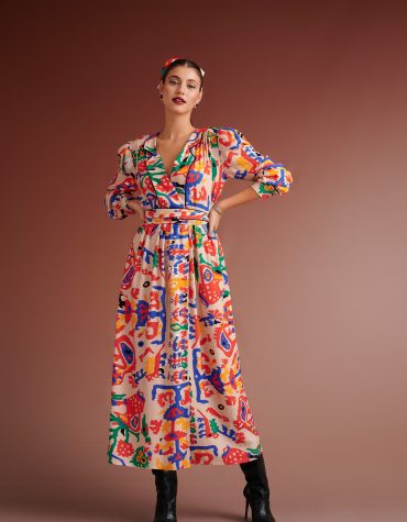 PRISCILLA MIXI DRESS WITH LAPEL (IVORY MULTI) KARAVAN CLOTHES