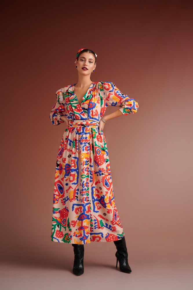 PRISCILLA MIXI DRESS WITH LAPEL (IVORY MULTI) KARAVAN CLOTHES 3