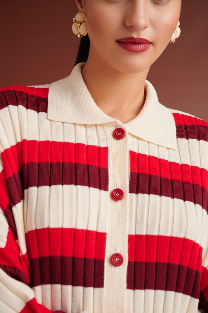 SELMA OVERSIZED KNIT STRIPED POLO CARDIGAN (RED /IVORY / BORDEAUX) KARAVAN CARDIGANS 6