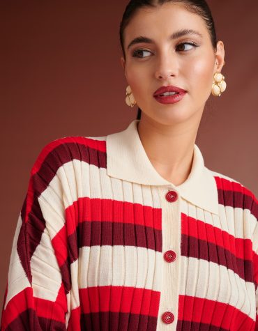 SELMA OVERSIZED KNIT STRIPED POLO CARDIGAN (RED /IVORY / BORDEAUX) KARAVAN CARDIGANS