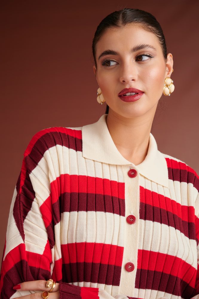 SELMA OVERSIZED KNIT STRIPED POLO CARDIGAN (RED /IVORY / BORDEAUX) KARAVAN CARDIGANS 3
