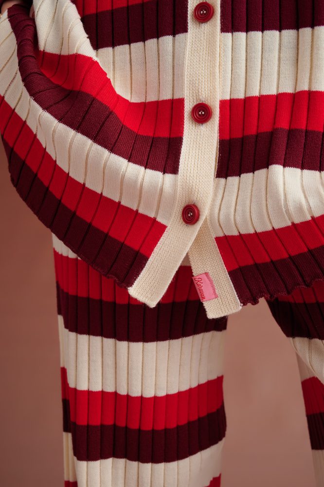 SELMA OVERSIZED KNIT STRIPED POLO CARDIGAN (RED /IVORY / BORDEAUX) KARAVAN CARDIGANS 7